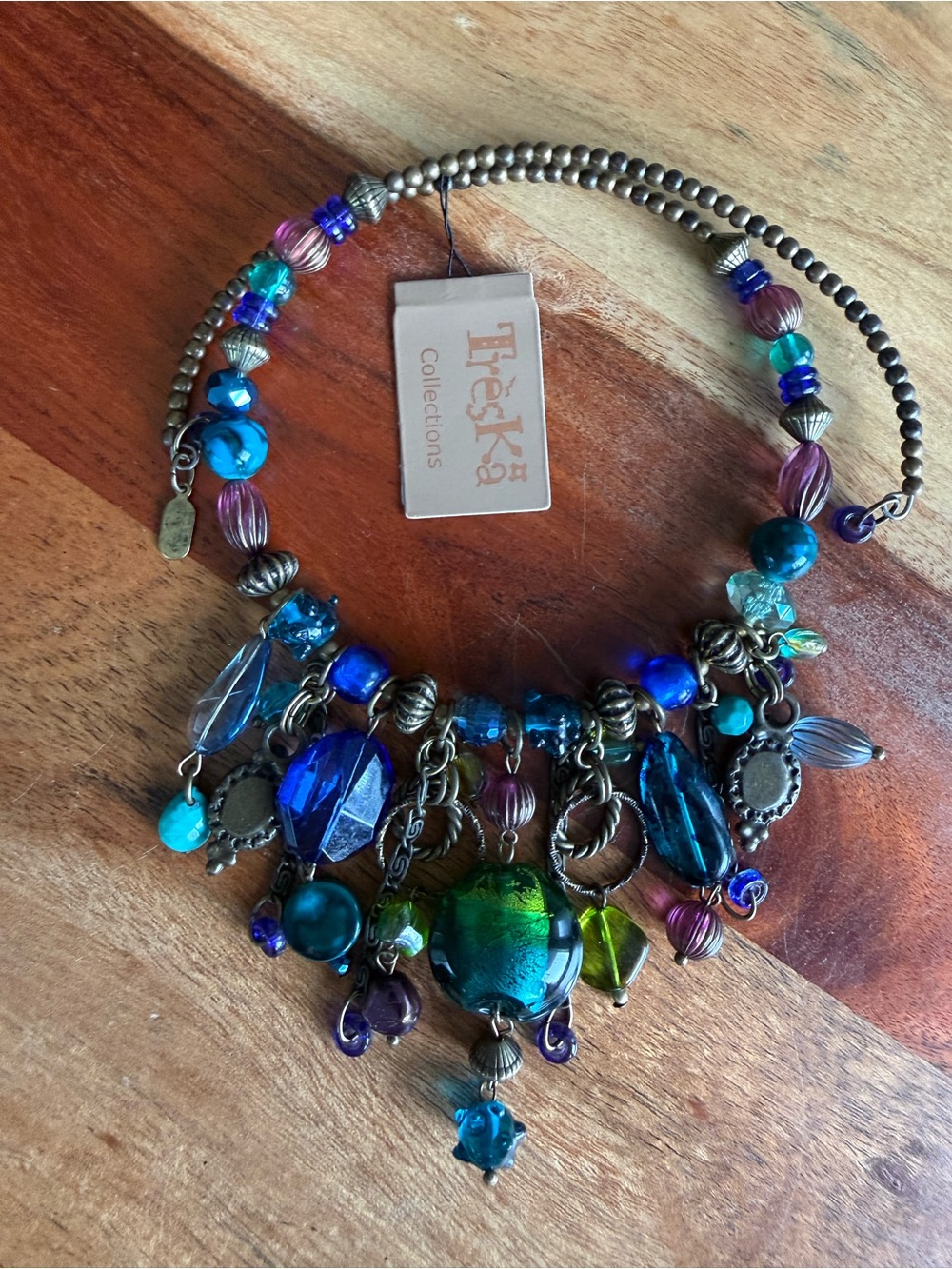 Treska Statement Beaded Chunky Boho Bib Glass Blue Green Purple Necklace